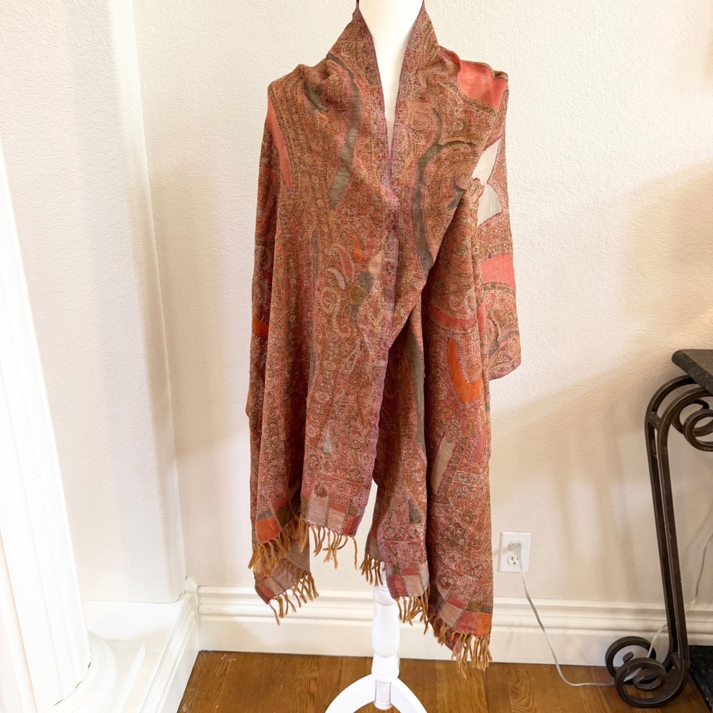Essential Classics 100% Wool Paisley Shawl Wrap Scarf Fringed Orange Terracotta